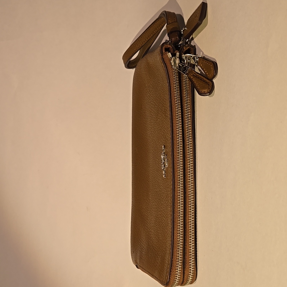 Coach Double Zipper Camel Pebbled Leather Wristlet L-8.5"XH-4.75" - Picture 3 of 14